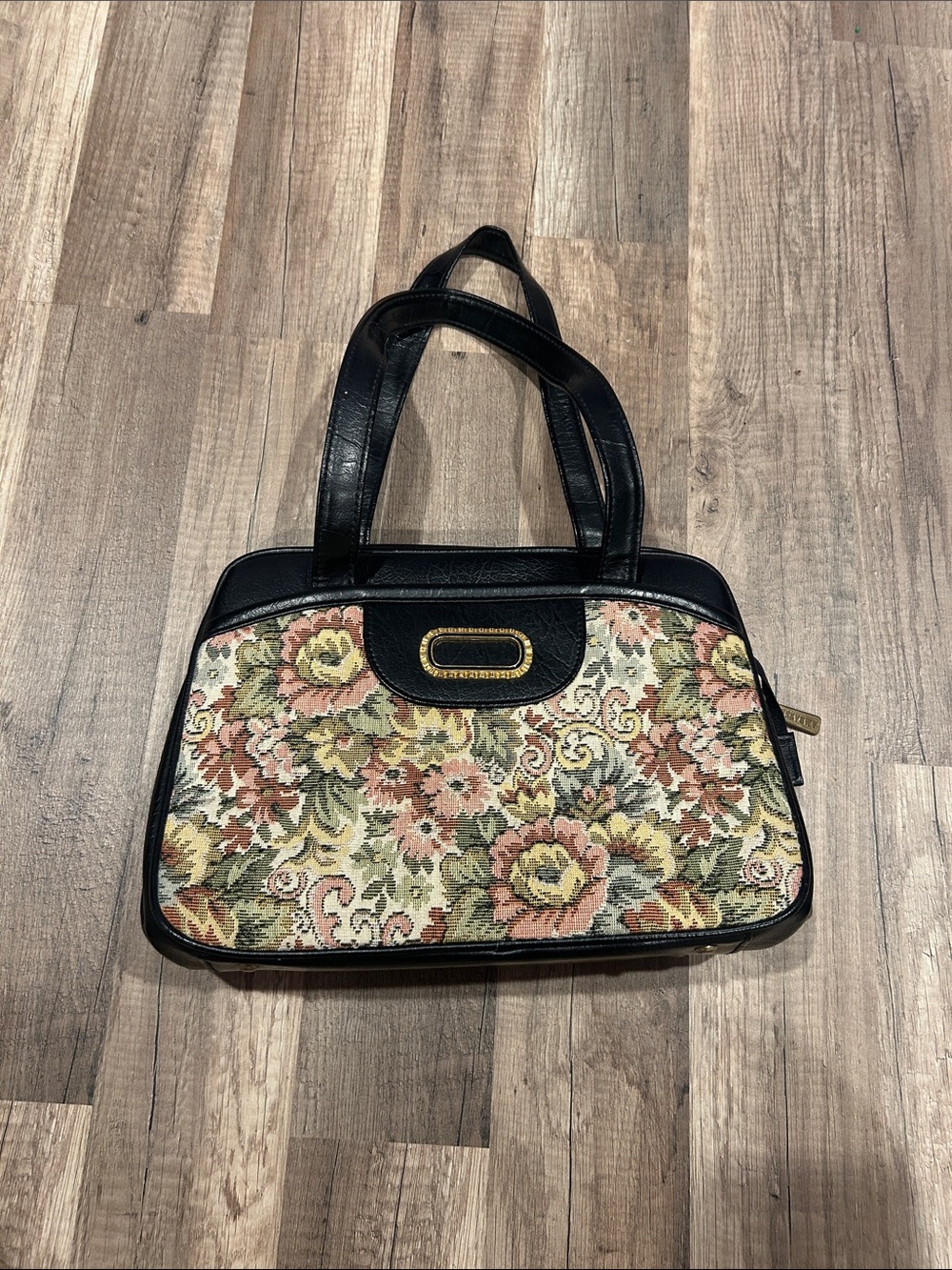 Vintage Black Floral Tapestry Shoulder Bag with Gold Accent